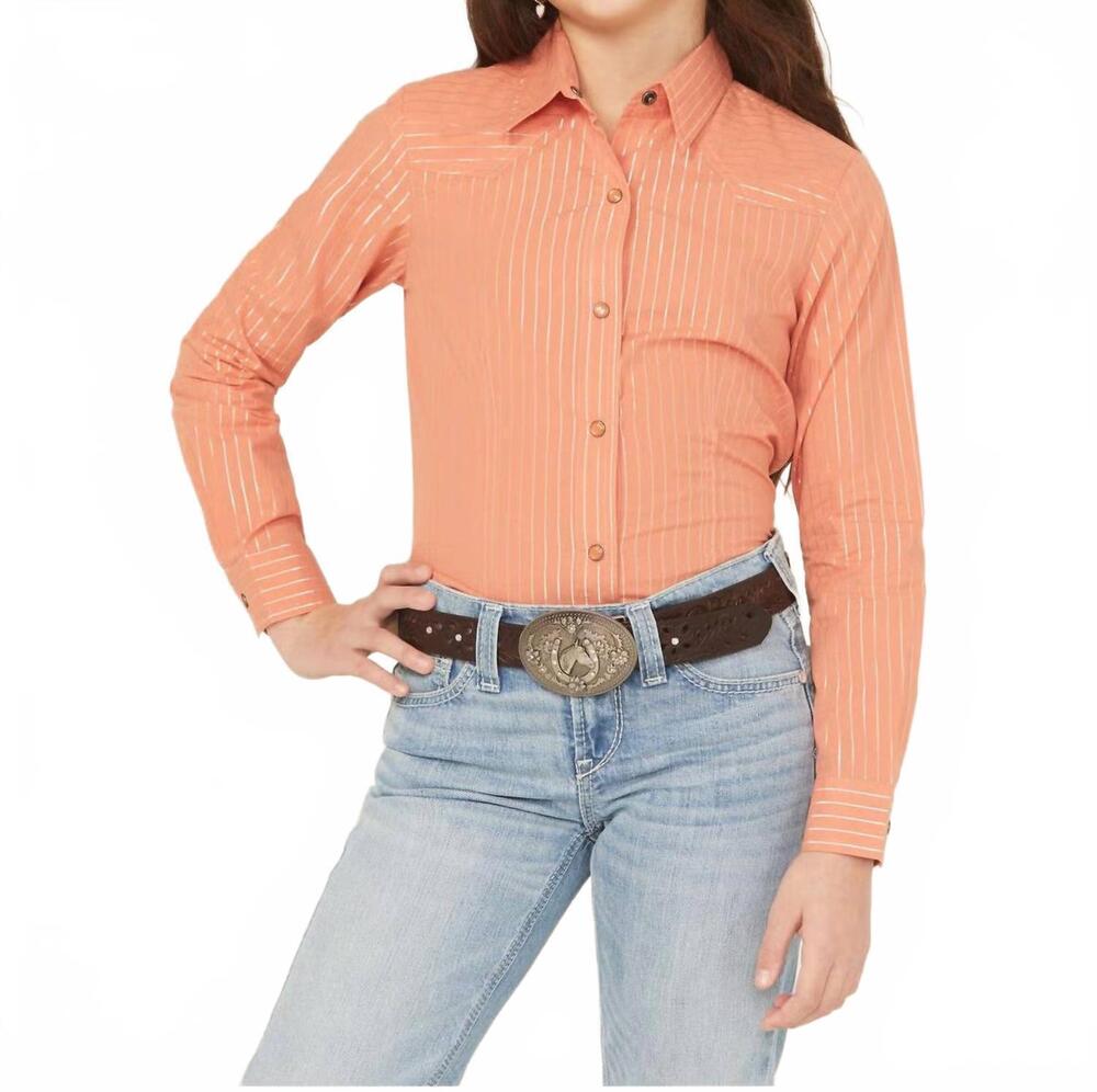 NEW CINCH girls cruel stripe long sleeve shirt in coral